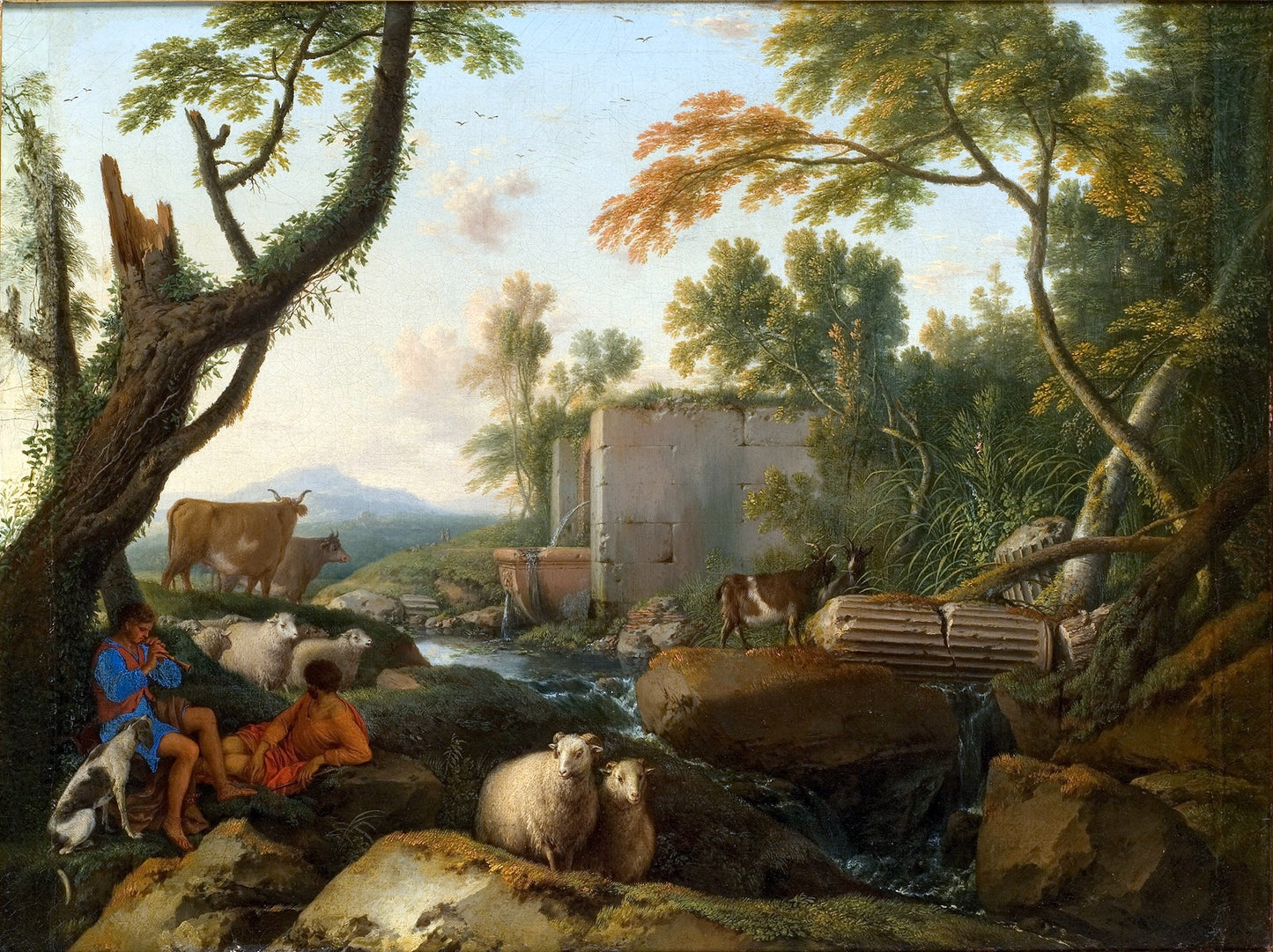 Landscape with a Shepherd Playing Flute, vintage artwork by Laurent de La Hyre, 12x8" (A4) Poster
