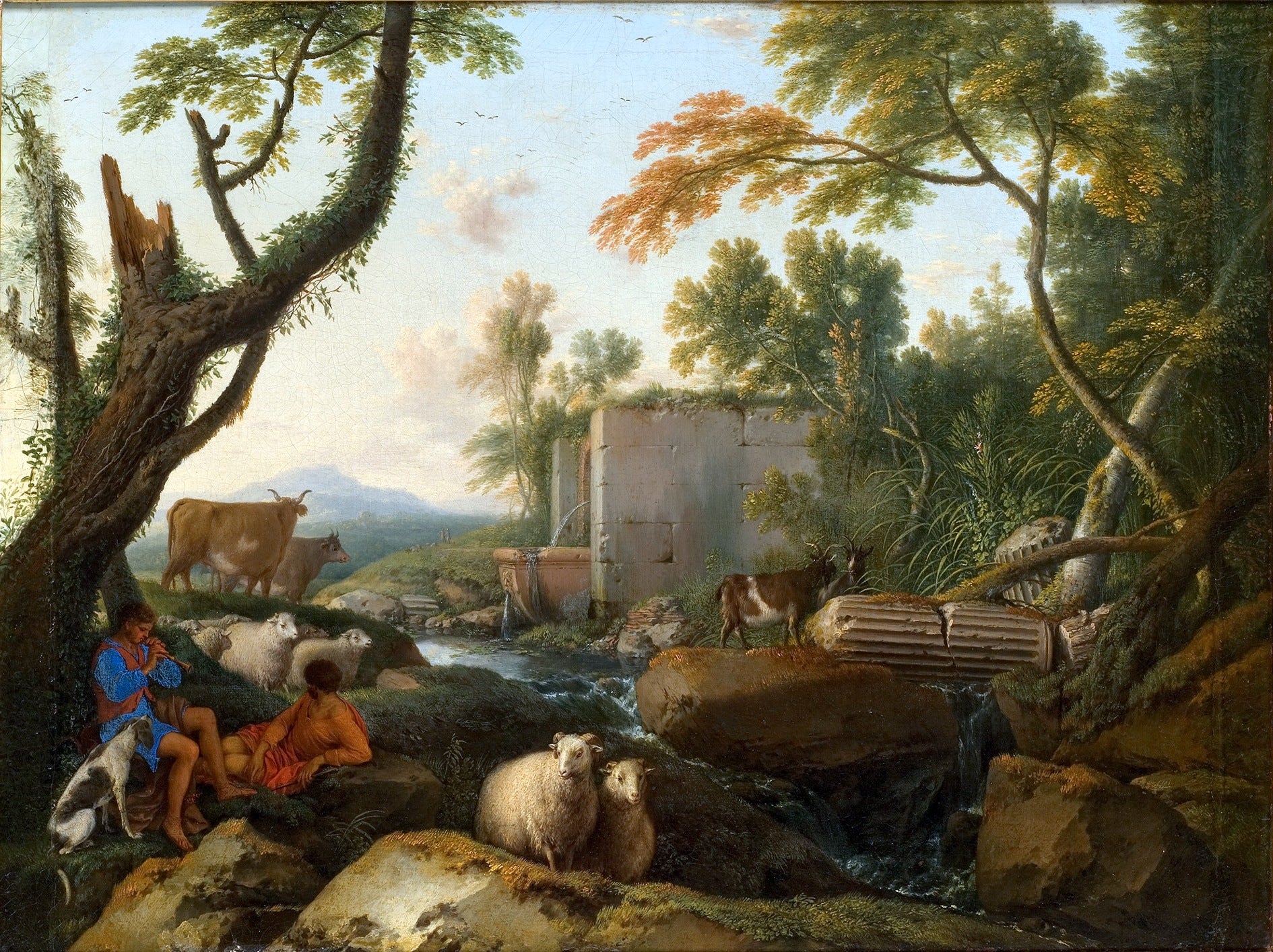 Landscape with a Shepherd Playing Flute, vintage artwork by Laurent de La Hyre, 12x8" (A4) Poster