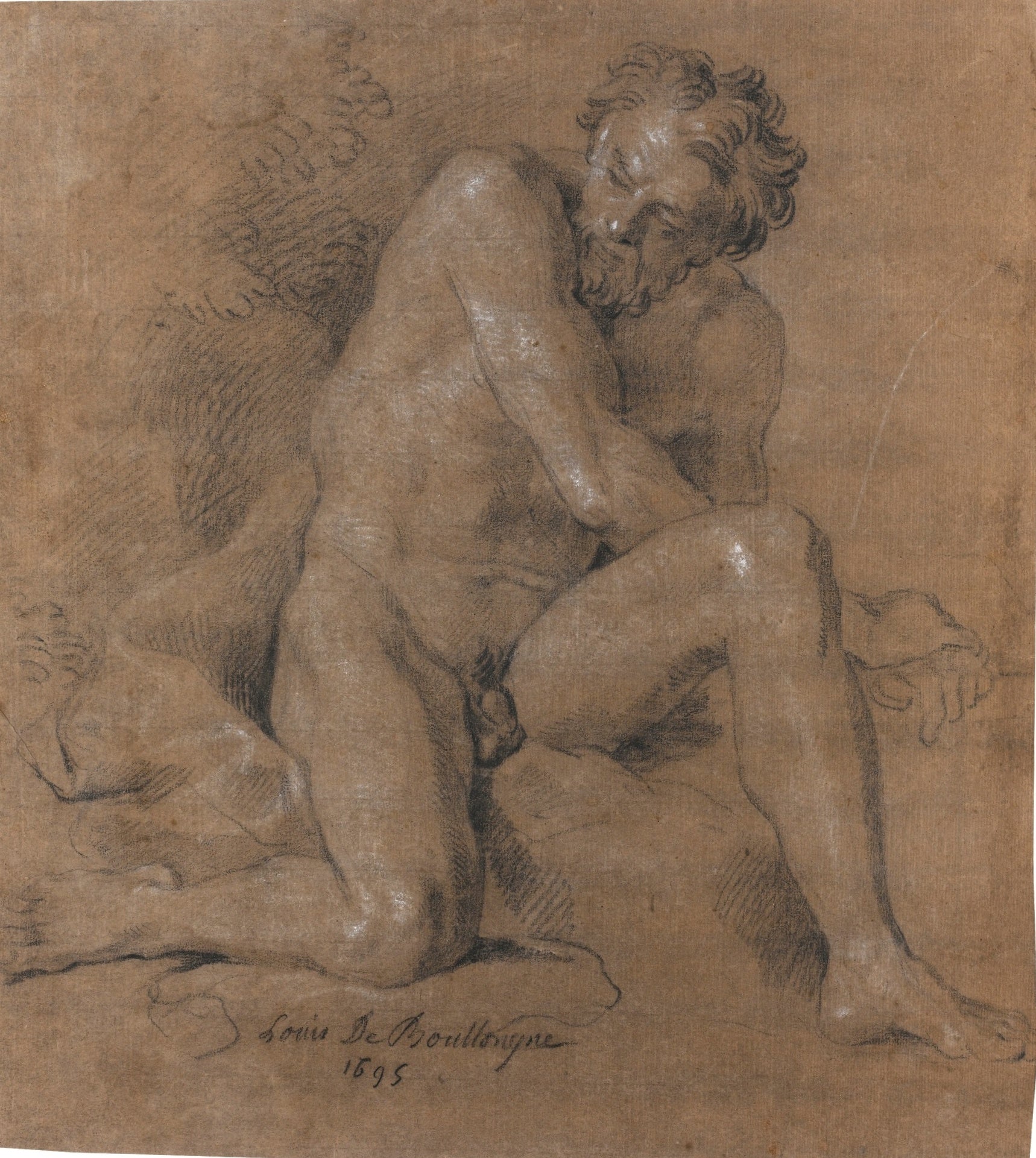 Male Nude on his Right Knee, his Left Leg Raised, vintage artwork by Louis de Boullogne the Younger, 12x8" (A4) Poster