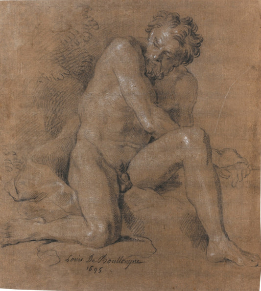 Male Nude on his Right Knee, his Left Leg Raised, vintage artwork by Louis de Boullogne the Younger, 12x8" (A4) Poster
