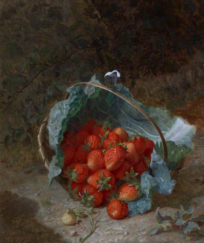 Still Life with Strawberries in a Cabbage Leaf in a Basket, vintage artwork by Eloise Harriet Stannard, 12x8" (A4) Poster