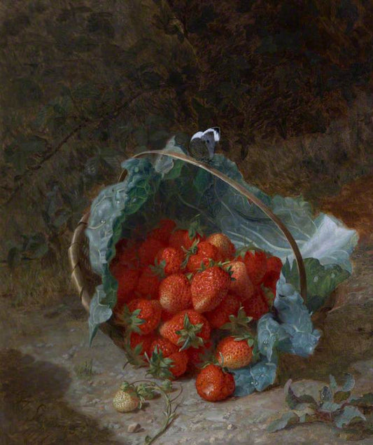 Still Life with Strawberries in a Cabbage Leaf in a Basket, vintage artwork by Eloise Harriet Stannard, 12x8" (A4) Poster
