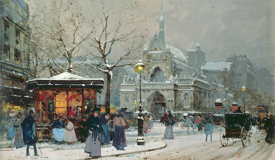 Snow Scene in Paris, vintage artwork by Eugene Galien-Laloue, 12x8" (A4) Poster