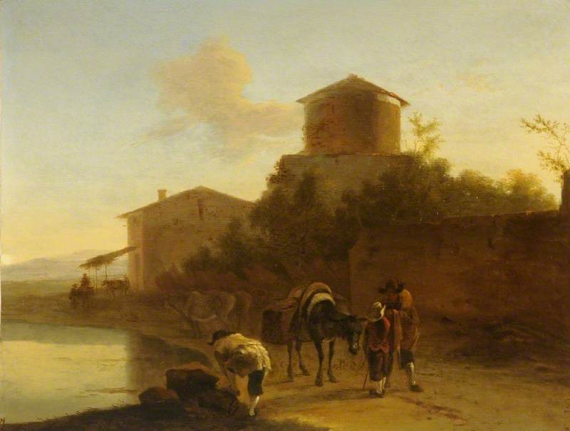 Landscape with a Tower and Two Figures, vintage artwork by Jan Both, 12x8" (A4) Poster