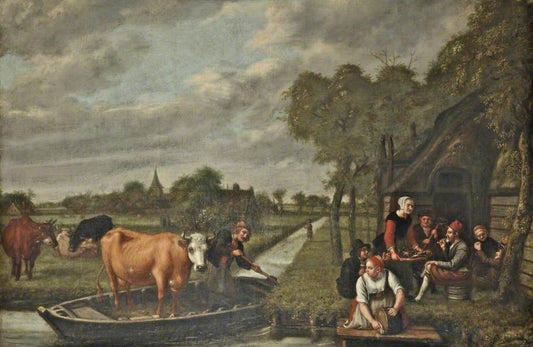 Landsape with a Cow in a Boat, vintage artwork by Jan Victors, 12x8" (A4) Poster