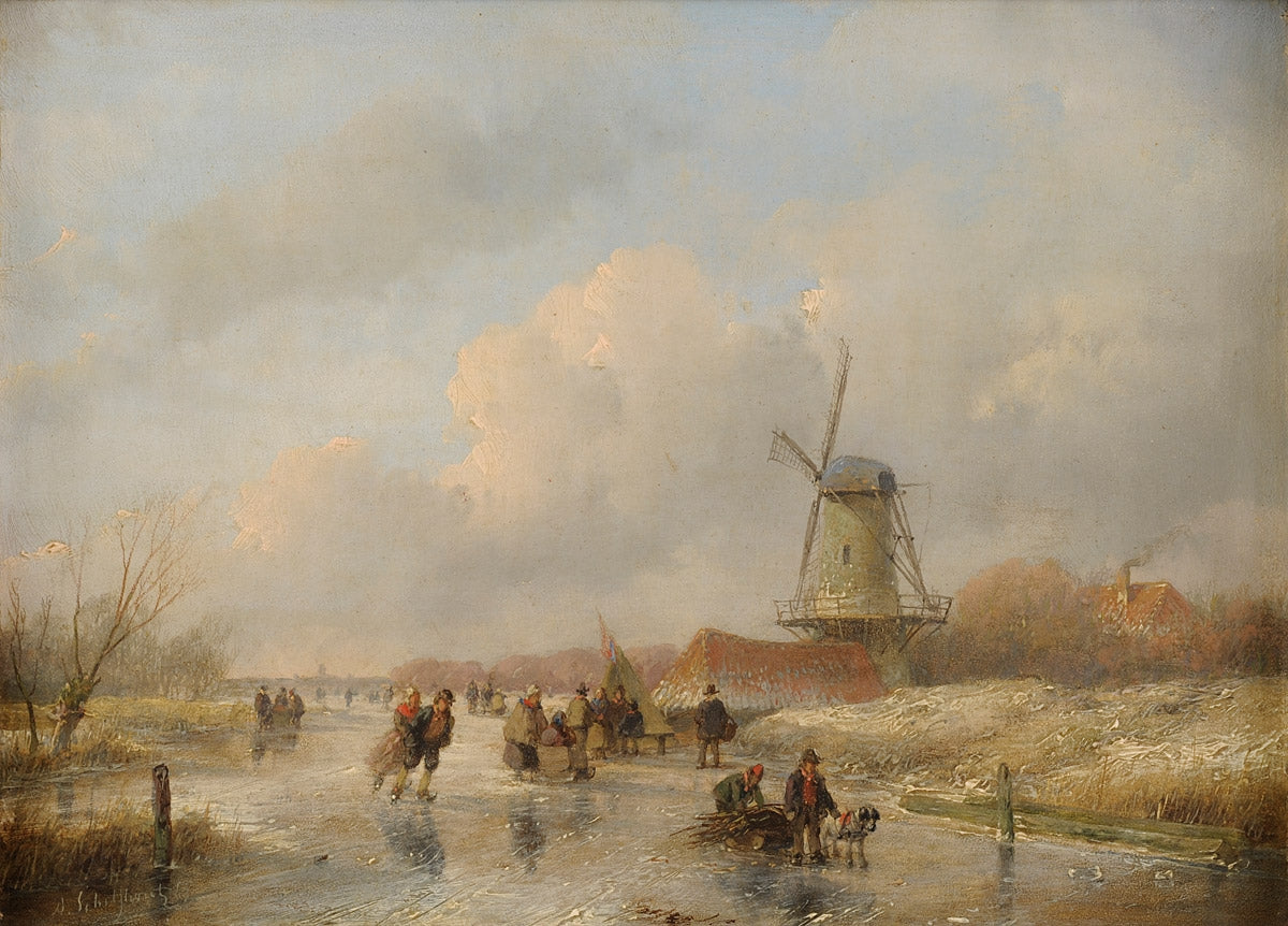 Winter landscape with river, vintage artwork by Andreas Schelfhout, 12x8" (A4) Poster