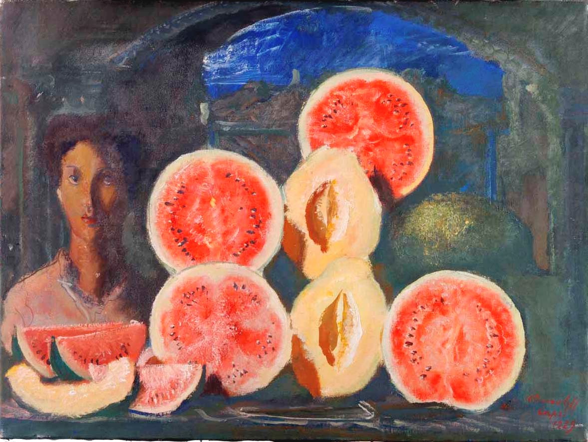 Watermelon Stall, vintage artwork by Alexander Evgenievich Yakovlev, 12x8" (A4) Poster