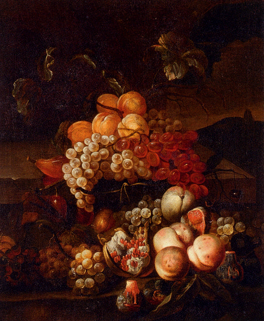 Still Life Of Grapes, Peaches, And Figs With A Landscape Beyond, vintage artwork by Jakob Bogdány, 12x8" (A4) Poster