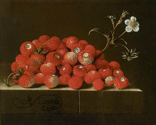 Wild strawberries on a ledge, vintage artwork by Adriaen Coorte, 12x8" (A4) Poster