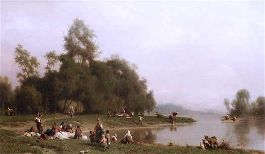 Washerwomen by  a Riverbank, vintage artwork by Karl Girardet, A3 (16x12") Poster Print