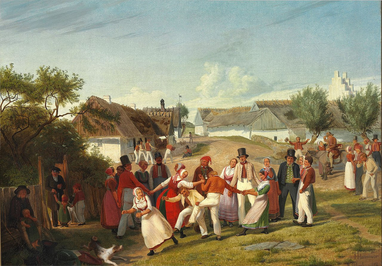Farmboys and Girls from the Heath Region Between Kjöge and Roeskilde Gathered Together, vintage artwork by Hans  Jørgen Hammer, A3 (16x12") Poster Print