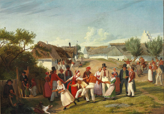 Farmboys and Girls from the Heath Region Between Kjöge and Roeskilde Gathered Together, vintage artwork by Hans  Jørgen Hammer, A3 (16x12") Poster Print