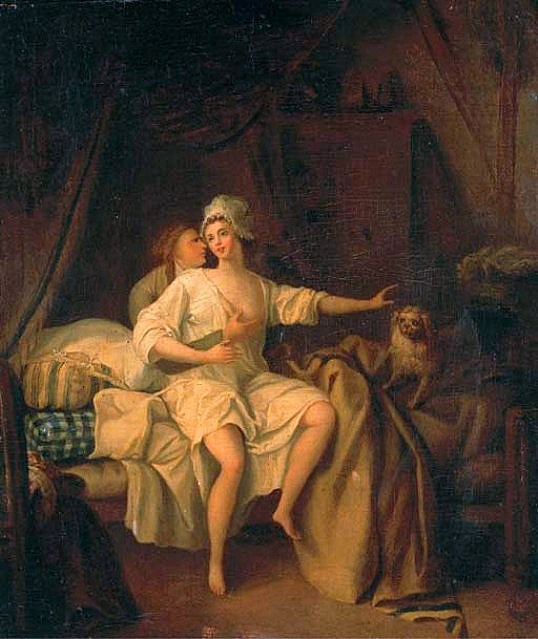 Young Woman with her Lover, vintage artwork by Attributed to Jean-Frederic Schall, 12x8" (A4) Poster