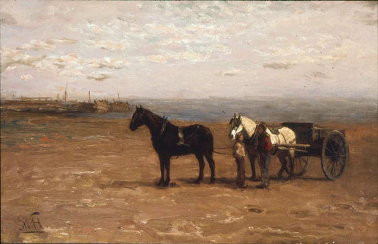 Beach Scene with Horses, vintage artwork by William Morris Hunt, 12x8" (A4) Poster
