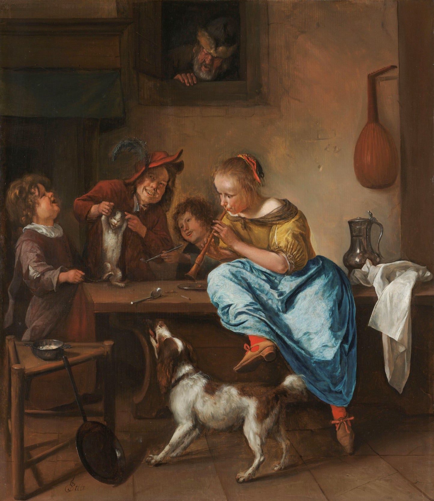 Children Teaching a Cat to Dance (The Dancing Lesson), vintage artwork by Jan Havicksz. Steen, 12x8" (A4) Poster