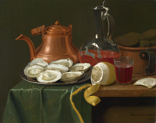 A Still Life with Oysters, a Lemon, a Carafe of Wine and a Copper Jug, vintage artwork by Peter Jacob Horemans, 12x8" (A4) Poster