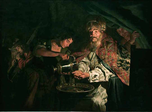Pilate Washing Hands after the Sentencing to Death of Christ, vintage artwork by Matthias Stomer, 12x8" (A4) Poster