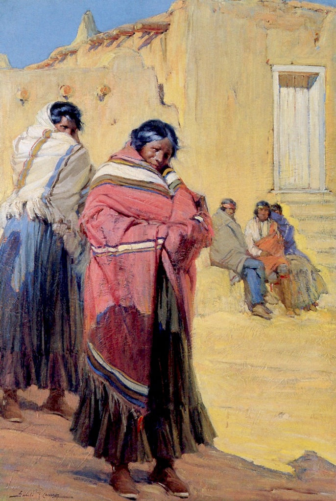 Indians outside Taos Pueblo, vintage artwork by Gerald Cassidy, 12x8" (A4) Poster