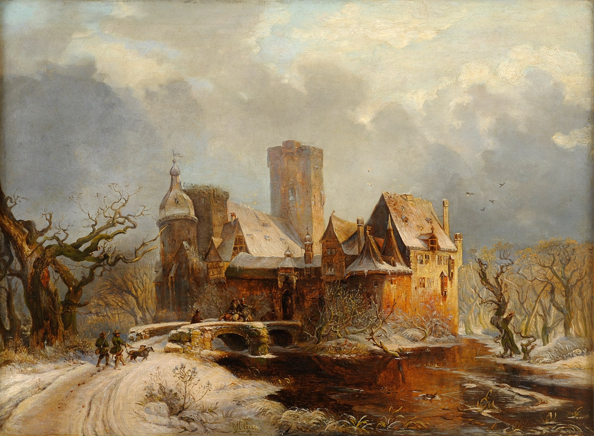 Winter Landscape with Castle and Hunters, vintage artwork by Carl Hilgers, A3 (16x12") Poster Print