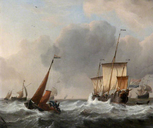 A Dutch Three-Master and a Boeier in the Foreground, Her Mainsail being Lowered in Stormy Weather, vintage artwork by Willem van de Velde the Younger, 12x8" (A4) Poster