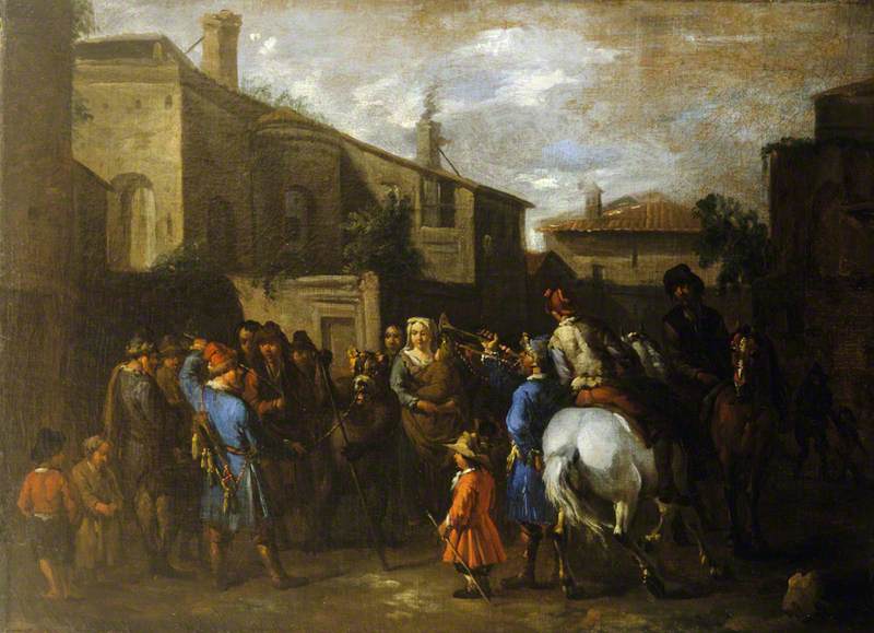 Village Street with a Performing Bear, vintage artwork by Pieter van Bloemen, 12x8" (A4) Poster