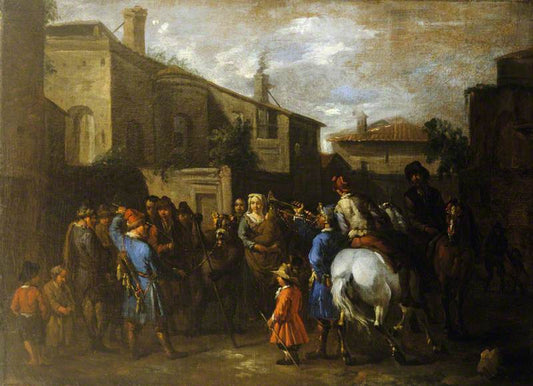 Village Street with a Performing Bear, vintage artwork by Pieter van Bloemen, 12x8" (A4) Poster