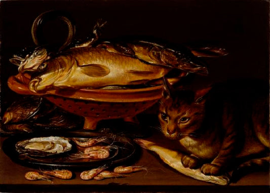 Still Life with Cat and Fish, vintage artwork by Clara Peeters, 12x8" (A4) Poster