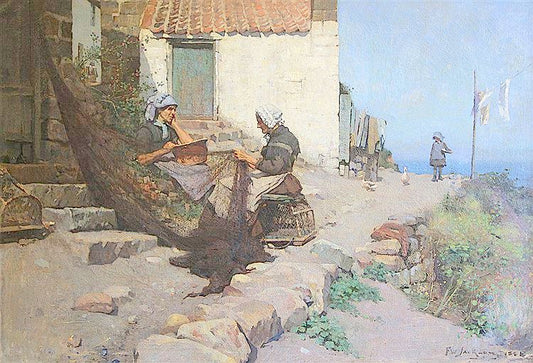 Mending Nets at Runswick Bay, vintage artwork by Frederick William Jackson, 12x8" (A4) Poster
