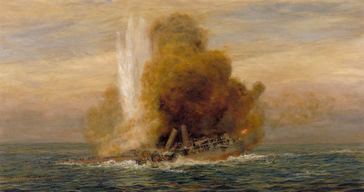 Loss of HMS 'Pathfinder', 5 September 1914, vintage artwork by William Lionel Wyllie, 12x8" (A4) Poster