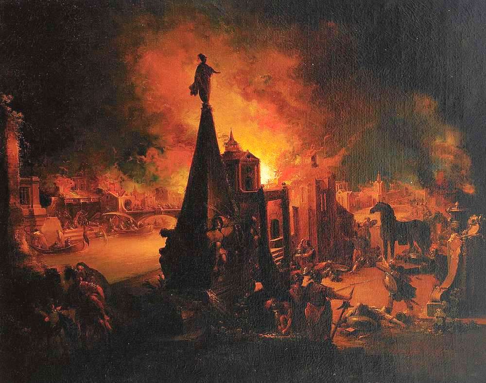The Burning Troy, vintage artwork by Johann Georg Trautmann, 12x8" (A4) Poster