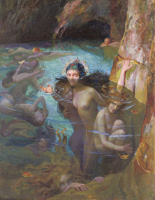 Sea Nymphs at a Grotto, vintage artwork by Gaston Bussiere, 12x8" (A4) Poster