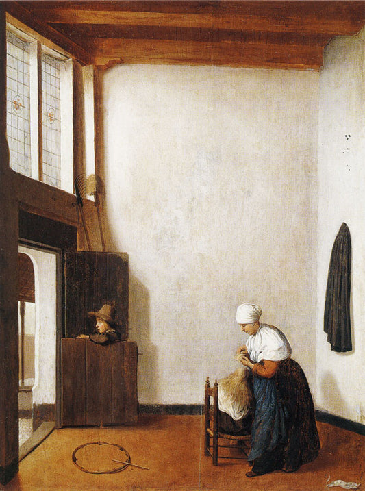Interior with a Woman Combing a Little Girl's Hair, vintage artwork by Jacobus Vrel, 12x8" (A4) Poster