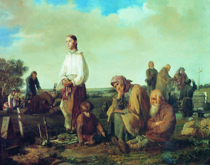 At the Cemetery, vintage artwork by Alexei Korzukhin, 12x8" (A4) Poster