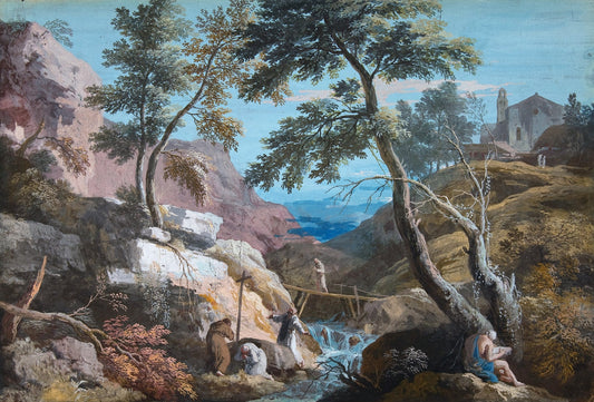 Mountainous Landscape with Hermits, vintage artwork by Marco Ricci, 12x8" (A4) Poster