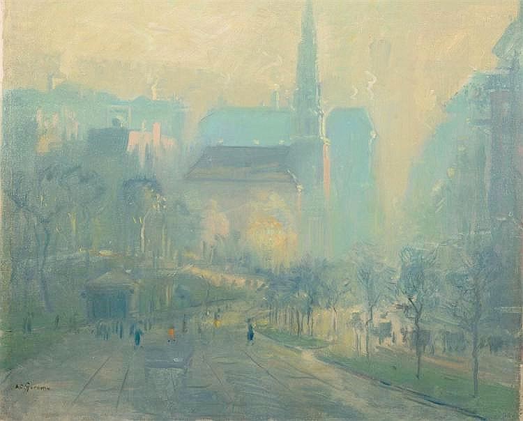 Park Street Church with View of Boston Common, vintage artwork by Arthur Clifton Goodwin, 12x8" (A4) Poster