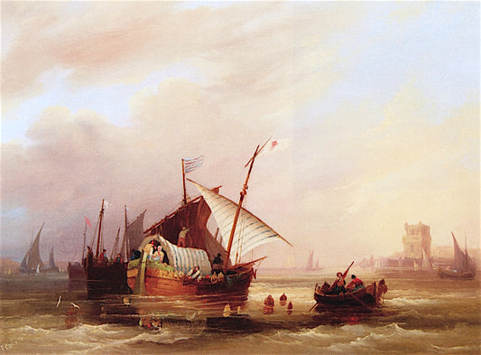 Portugese Fisherman off Belem Tower, vintage artwork by Frederick Calvert, A3 (16x12") Poster Print