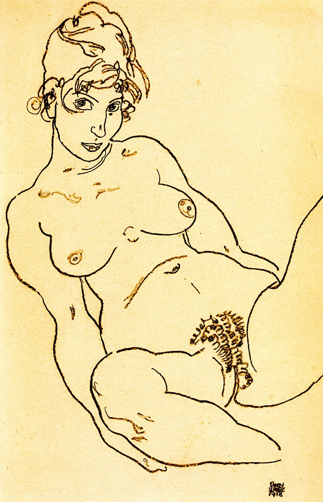 Female Nude with Legs Spread, vintage artwork by Egon Schiele, 12x8