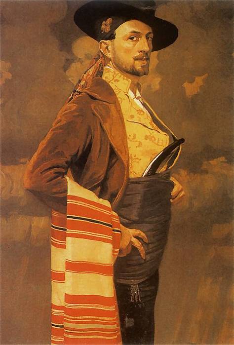 Self-Portrait in a Spanish Costume, vintage artwork by Edward Okuń, 12x8" (A4) Poster