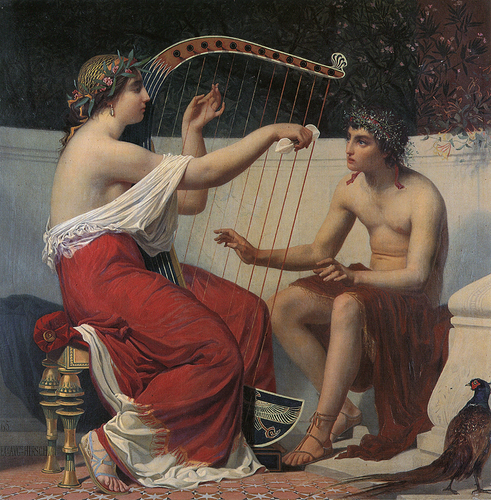 Calliope teaches Music to the young Orpheus, vintage artwork by Auguste Hirsch, 12x8" (A4) Poster