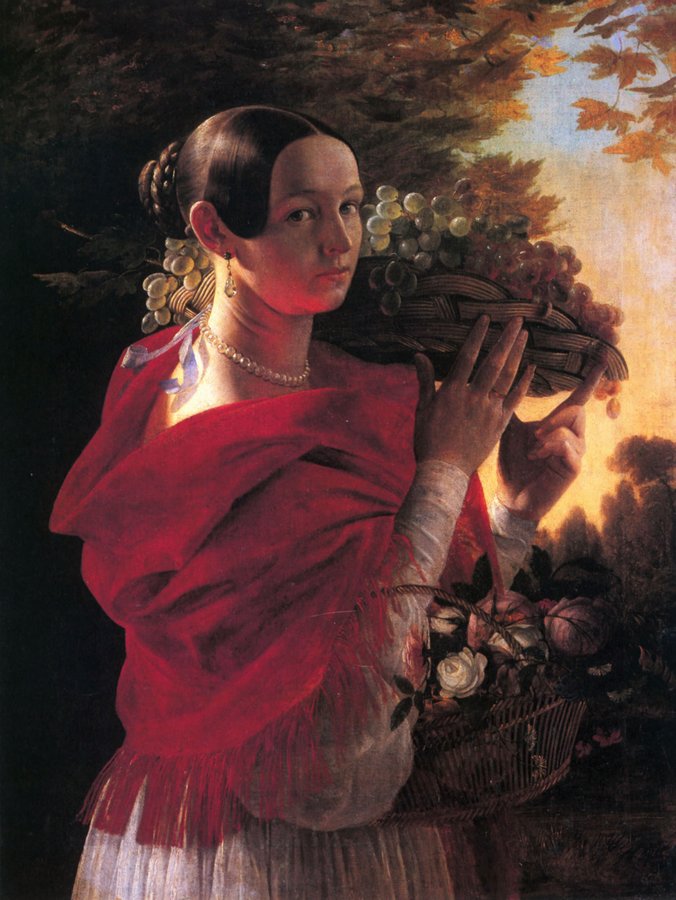 Portrait of a Young Girl with a Basket, vintage artwork by Ivan Khrutsky, A3 (16x12") Poster Print