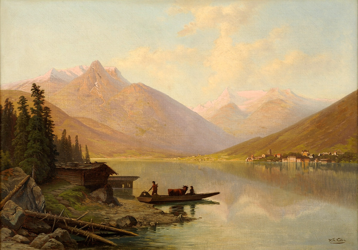 Landscape with an Alpine Lake and Village, vintage artwork by Wilhelm Theodor Nocken, 12x8" (A4) Poster