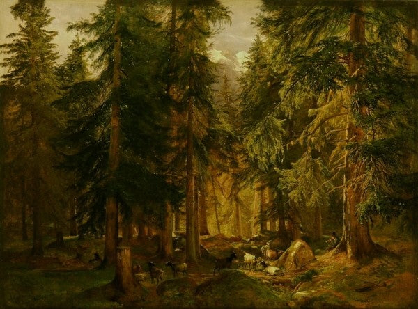 Hochgebirgswald mit Ziegenherde (Forest in the High Mountains with Flock of Goats), vintage artwork by Alexandre Calame, A3 (16x12") Poster Print