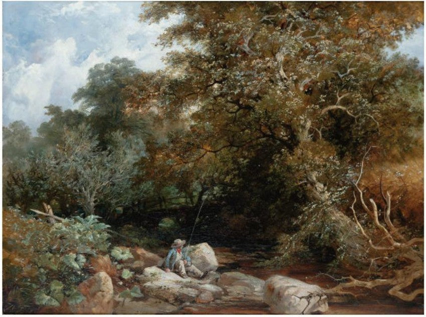 An angler beside a wooded stream, vintage artwork by William James Müller, A3 (16x12") Poster Print