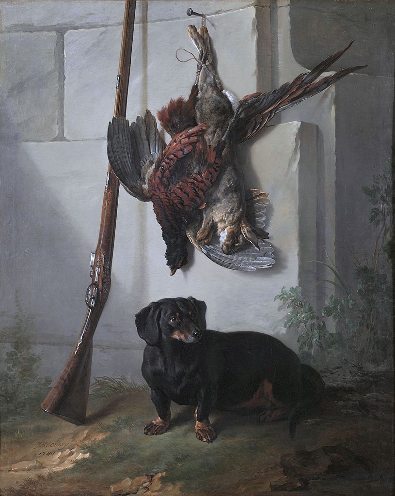 The Dachshound Pehr with Dead Game and Rifle, vintage artwork by Jean-Baptiste Oudry, 12x8" (A4) Poster