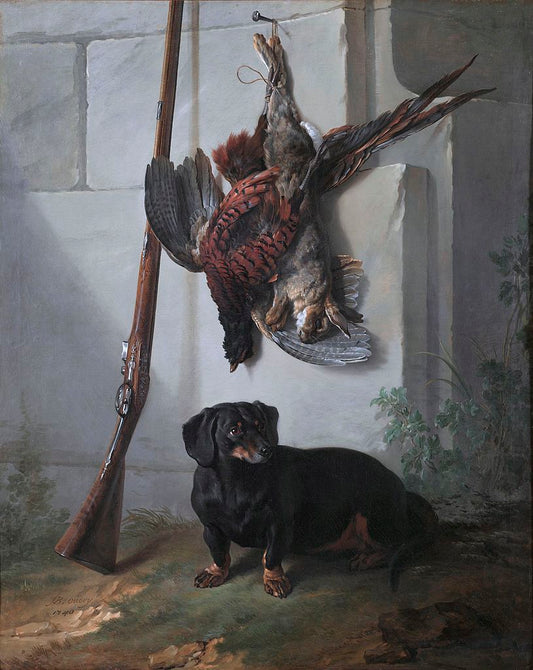 The Dachshound Pehr with Dead Game and Rifle, vintage artwork by Jean-Baptiste Oudry, 12x8" (A4) Poster