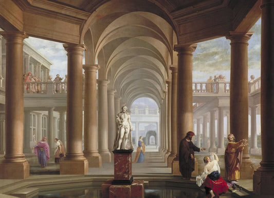 Architectural Fantasy with Susanna and the Elders, vintage artwork by Dirck van Delen, 12x8" (A4) Poster