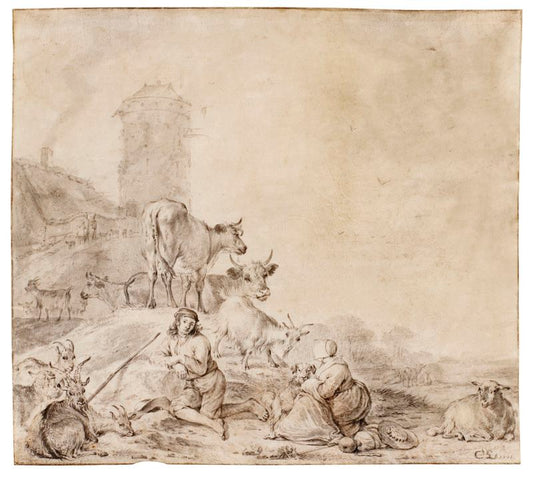 Herders and Their Animals in a Landscape, vintage artwork by Cornelis Saftleven, 12x8" (A4) Poster