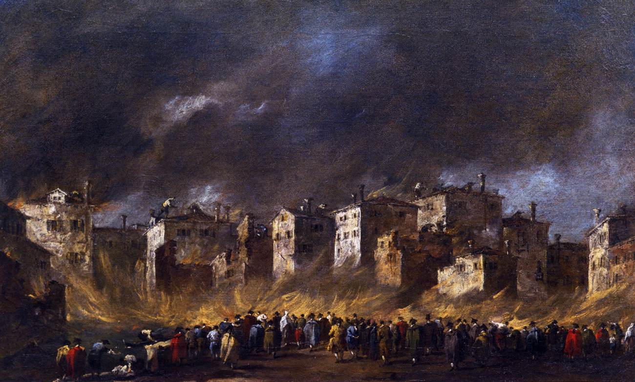 Fire in the San Marcuola Oil Depot, vintage artwork by Francesco Guardi, 12x8" (A4) Poster