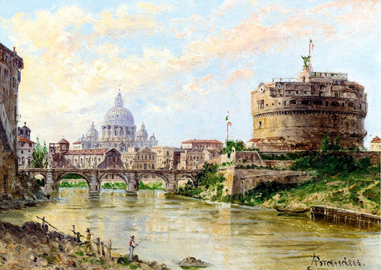 A view of the Tiber with Castel Sant Angelo and St. Peters, vintage artwork by Antonietta Brandeis, 12x8" (A4) Poster