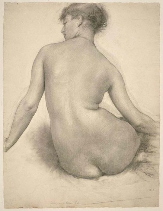Seated Nude Woman, Seen from Behind, vintage artwork by Louis-Joseph-Raphael Collin, 12x8" (A4) Poster